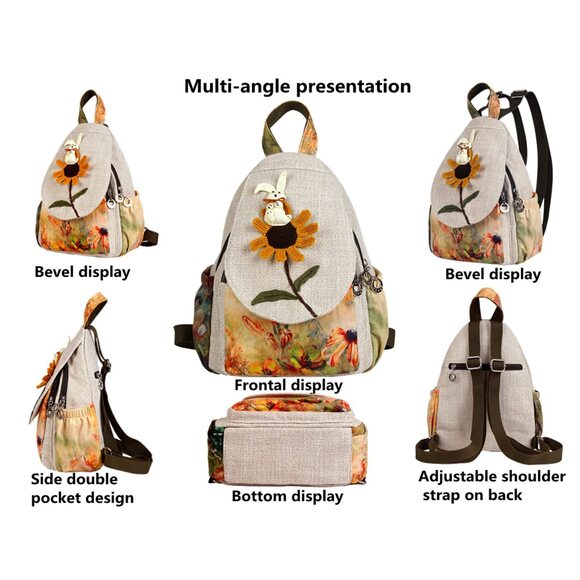 9170 Boho and Bohemian Small Canvas Backpack Purse - Adjustable Carry Sling main image 4